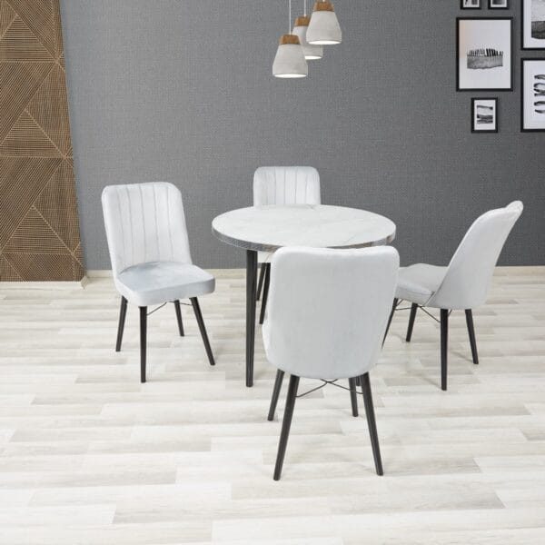 LAGINA Wooden Round Table with 4 Velvet Chairs (GREY)