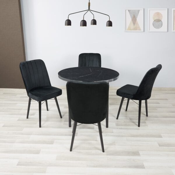 ROYAL MERMER BLACK ROUND TABLE WITH 4 VELVET CHAIRS