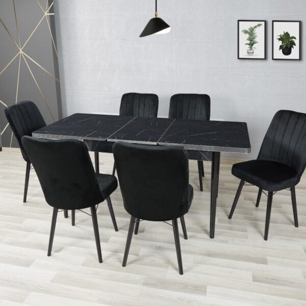 Royal Mermer Black Wooden Extendable Dining Table with 6 Velvet Chairs