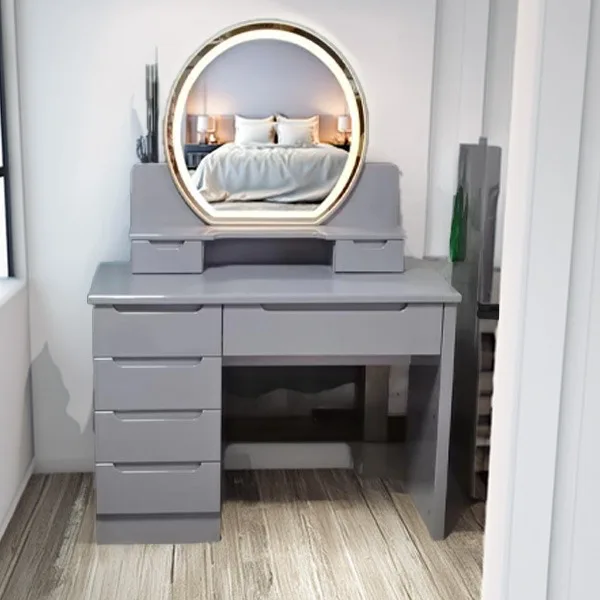 High Gloss Dressing Table with LED Circular Mirror & Stool